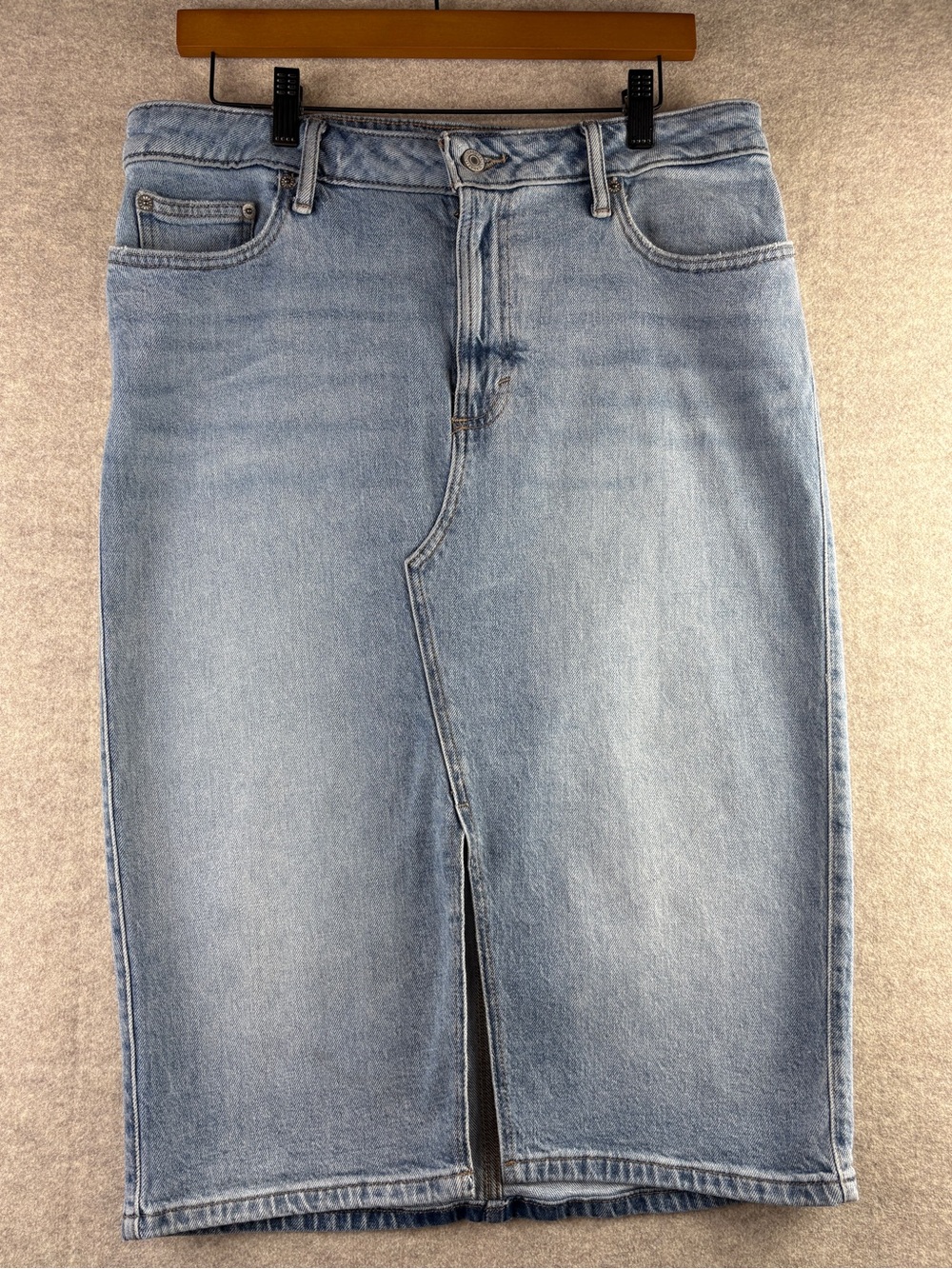 Lucky Brand Denim Midi Skirt High Rise Front Slit Medium Wash Sz 12/31